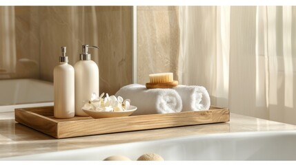 Fototapeta premium The wooden tray holds spa products, rolled towels, and flowers, creating a calming atmosphere in a light-filled bathroom