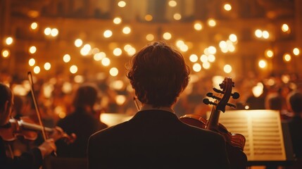 Orchestra playing classic instrumental music in concert hall,Professional violin player performing,Symphonic performanceclassical music concept, banner with copy space.