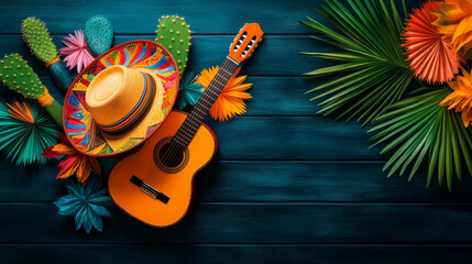 Colorful sombrero, guitar, and vibrant flowers create festive atmosphere. arrangement evokes joy and celebration, perfect for lively event.