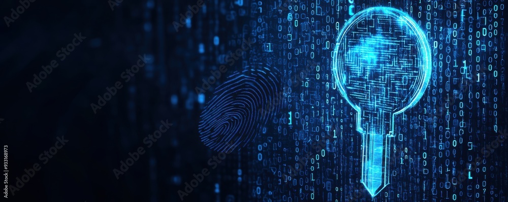 Poster digital illustration of an electronic key and fingerprint surrounded by binary code representing cyb