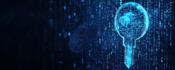 Digital illustration of an electronic key and fingerprint surrounded by binary code representing cybersecurity and technology