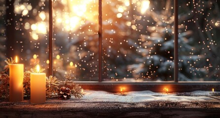 Obraz premium A cozy Christmas background with candles near a window and snow falling outside, creating a warm, festive winter scene.