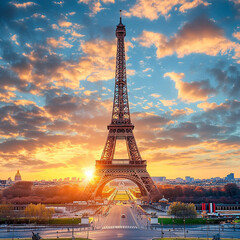 Naklejka premium Eiffel Tower at dawn, French Tower at sunset, romance.
