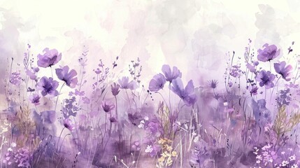 Obraz premium Beautiful watercolor illustration of purple flowers blooming in a serene field with soft pastel tones
