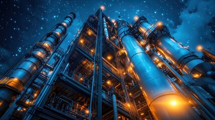 Night View of Industrial Complex with Starry Sky