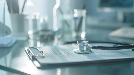 Naklejka premium Stethoscope and clip board on the doctor workplace close up. 