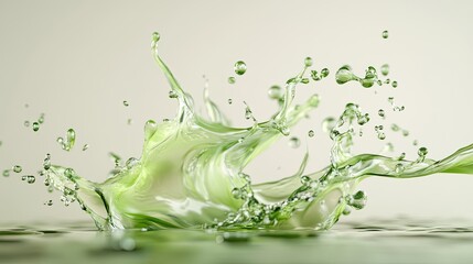 3D rendering of green liquid splashing, forming abstract shapes against a neutral background.