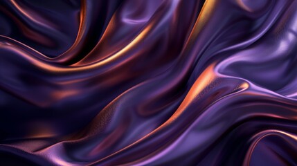 Obraz premium Abstract fluid background featuring dark purple and copper colors, with silk-like fabric twisted into elegant wavy shapes, creating a luxurious and dynamic composition.