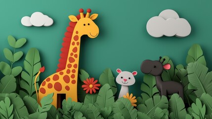 Naklejka premium Animated Jungle Safari: Playful Cartoon Animals in Lively Jungle Scene, with Copy Space