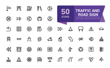 Traffic and road sign icons set. Pixel perfect, minimalistic web and UI icon. Outline icon collections. Editable vector illustration.