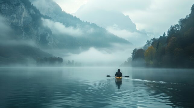 Solitary Kayaker Navigating a Misty Mountain Lake