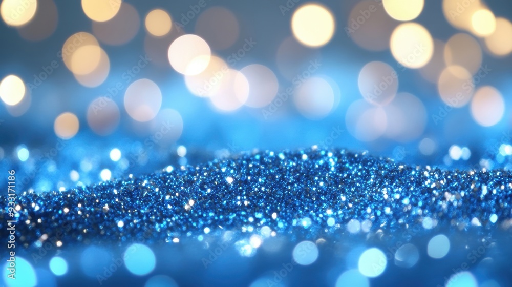 Poster a dazzling array of blue glitter glimmers under soft bokeh lights, creating a magical and vibrant ba