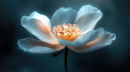 A close-up of an ethereal flower glowing softly in the dark, its delicate details illuminated against the backdrop.