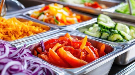 Freshly prepared meals with colorful veggies are being served at the cafeteria during busy lunchtime