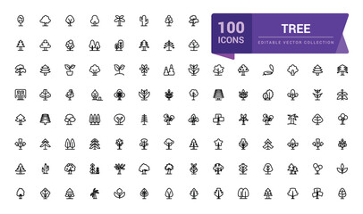 Trees and wood icon collection. Pixel perfect, minimalistic web and UI icon. Outline icon collections. Editable vector illustration.