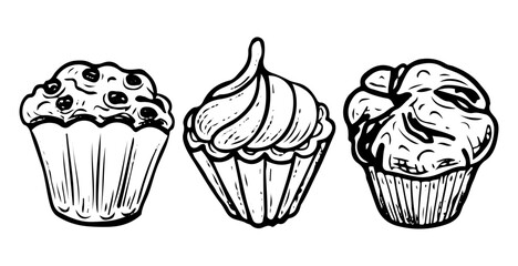 Set of cupcakes hand drawn doodle. Biscuit, muffin. Dessert food. Confectionery products. Sugar pastry. Bakery products. Vector outline line art illustration.