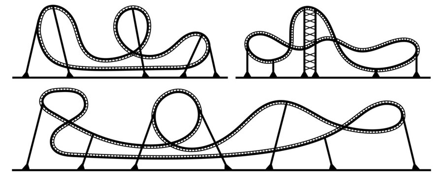 Roller coaster vector silhouettes. Park amusement illustration isolated on white background. Summer railroad entertainment construction on fairground circus and carnival.