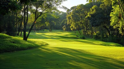A tranquil golf course showcases vibrant greenery in the early morning light, inviting players to enjoy a perfect round