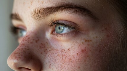Fototapeta premium A detailed shot of a young person's face, focusing on blemishes, acne, and skin texture.