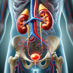 3D process of a kidney transplant, showing the newly implanted kidney connected to the recipient's blood vessels and urinary system. highlight the surgical connection points and blood flow.