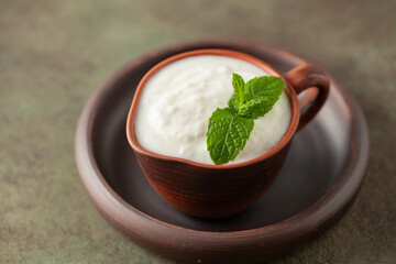 Plain curd or yogurt or Dahi. Traditional Indian fermented milk sauce
