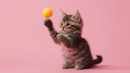 A fluffy kitten batting at a bright yellow toy, set against a soft pink background, creating a playful and adorable scene.