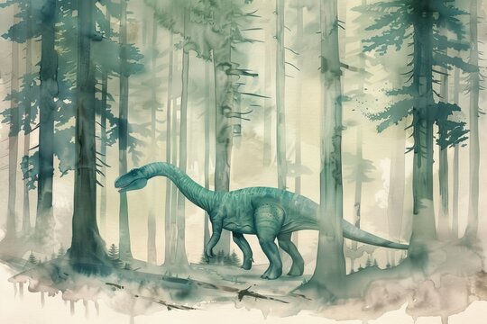 A serene illustration of a dinosaur wandering through an ancient forest, surrounded by tall trees and misty atmosphere.
