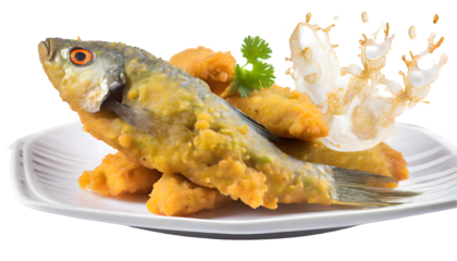 Fish Pakoda Splash on a white isolated background. Generative AI.