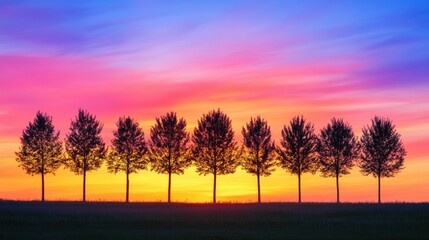 Obraz premium A line of trees silhouetted by a colorful sunset, casting a serene glow over the natural landscape.