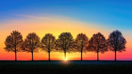 A line of trees silhouetted by a colorful sunset, casting a serene glow over the natural landscape.