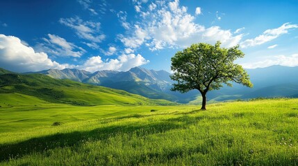 Fototapeta premium A lone tree graces a green meadow, with stunning mountain landscapes in the background and a bright blue sky above.