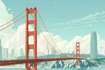 Obraz premium Illustration of a red suspension bridge against a city skyline. Conceptual view emphasizing modern urban landscapes and architectural beauty. Digital artwork, cityscape. Generative AI