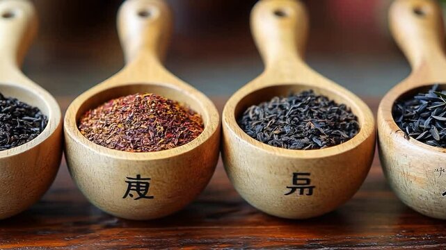 The selection of tea is arranged in wooden spoons on a table, showcasing different flavors and aromas.