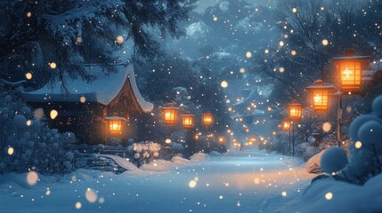 Fototapeta premium A peaceful winter night, where glowing lanterns illuminate a snow-covered landscape, with snowflakes cascading gently.