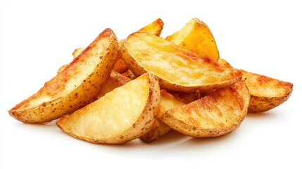 A pile of tasty, golden fried potato wedges, isolated on a bright white background, emphasizing their crispiness.