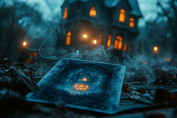 A haunting scene with a tarot card depicting a haunted house in focus, set against a misty, eerie background.