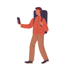 Young man is walking, guided by phone. Outdoor Vector cartoon illustration isolated on white background. Traveling man active with large backpack, Man traveling with smartphone. Tourism concept