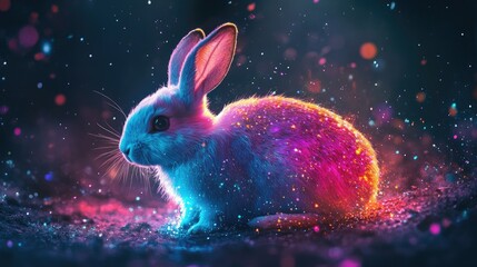 A rabbit bathed in colorful, glowing light, its vibrant hues standing out boldly against a dark backdrop.
