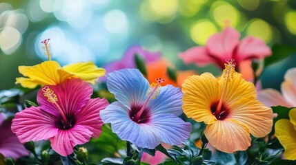 A rich array of multicolored hibiscus blooms arranged together, with a gentle bokeh effect in the background.
