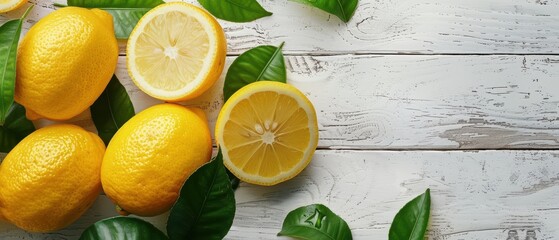 Fresh lemons and leaves on a white rustic table, emphasizing natural simplicity.