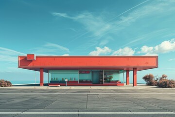 Obraz premium A minimalist, brightly colored roadside diner under a clear, blue sky suitable for themes of travel, retro architecture, road trips, and Americana culture,