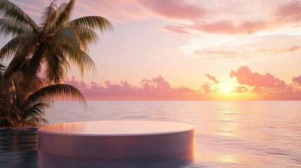 Obraz premium A sleek podium on the shore, with a beautiful tropical sunset as the backdrop, ideal for showcasing products.