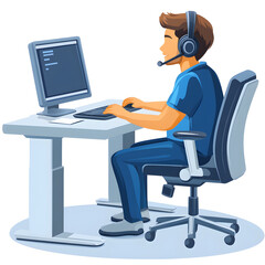 A man is sitting at a desk with a computer and a headset on
