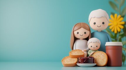 Happy Family Breakfast - Scene with Fresh Bread, Jams, and Copy Space for Text. Selective Focus in Quality