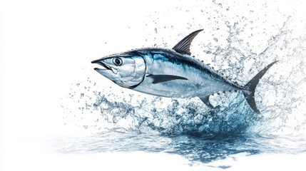 Naklejka premium Beautiful tuna fish jumping out of the water with splashes, isolated on a white background.