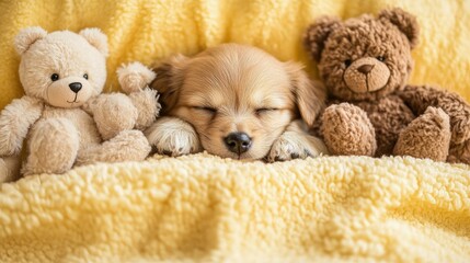 A small puppy dozing off among teddy bears on a soft yellow blanket, surrounded by warmth and comfort.
