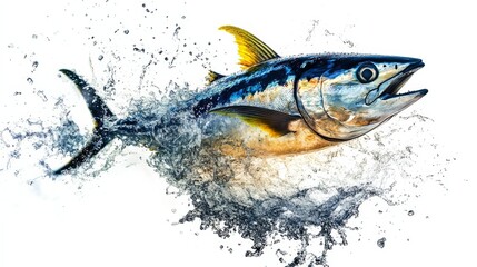 Fototapeta premium Beautiful tuna fish jumping out of the water with splashes, isolated on a white background.