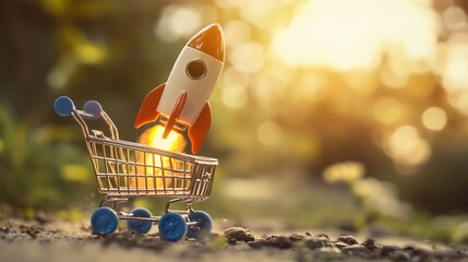 A toy rocket ship launches from a shopping cart on the ground, symbolizing the growth of a business.