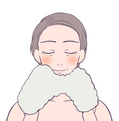 目を閉じた血色がいいミドル女性の上半身、ビューティーイラスト