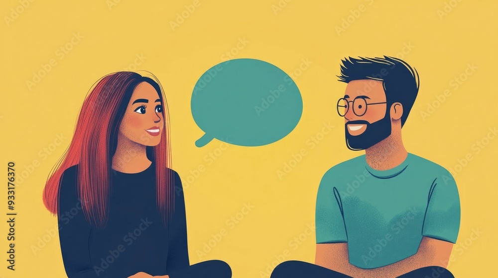Poster flat design showcasing a language learning concept where two partners are practicing conversation an